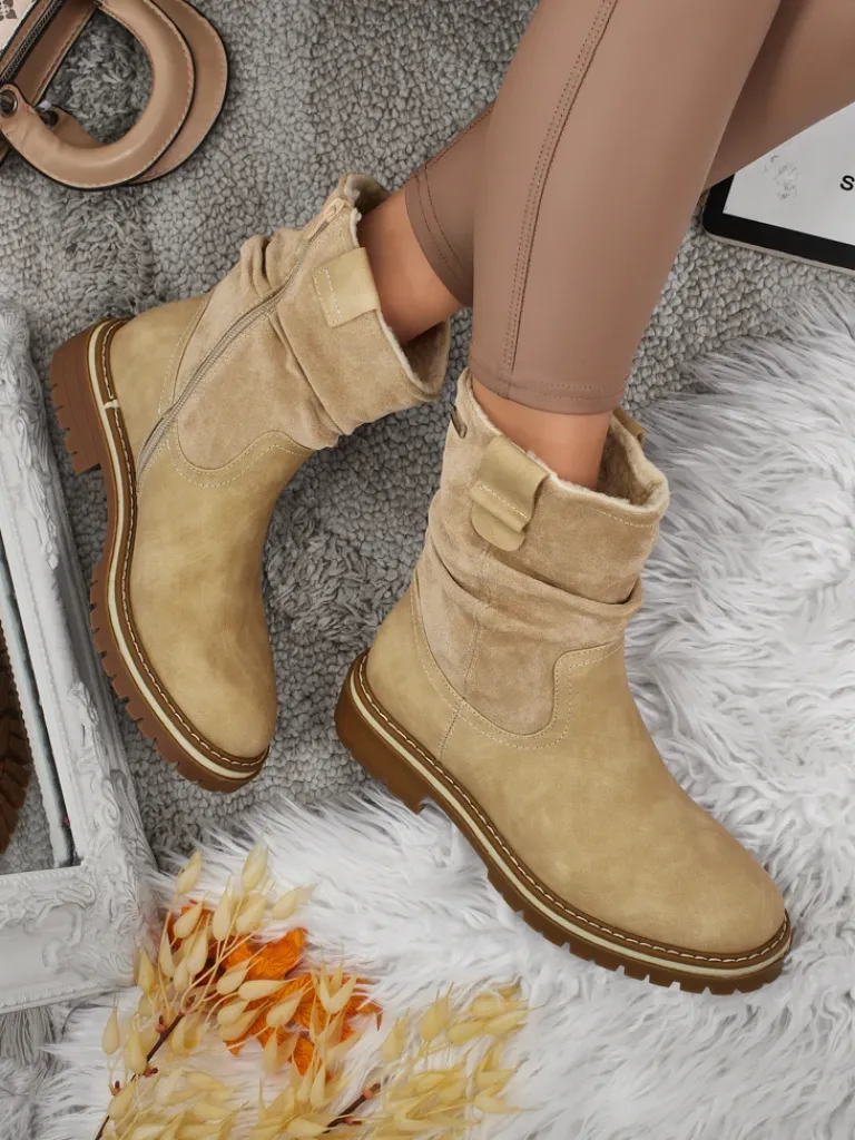 Wyższe botki damskie eko zamszowe Liora Botki Z Delikatnym Ociepleniem|Botki Na Płaskim Obcasie