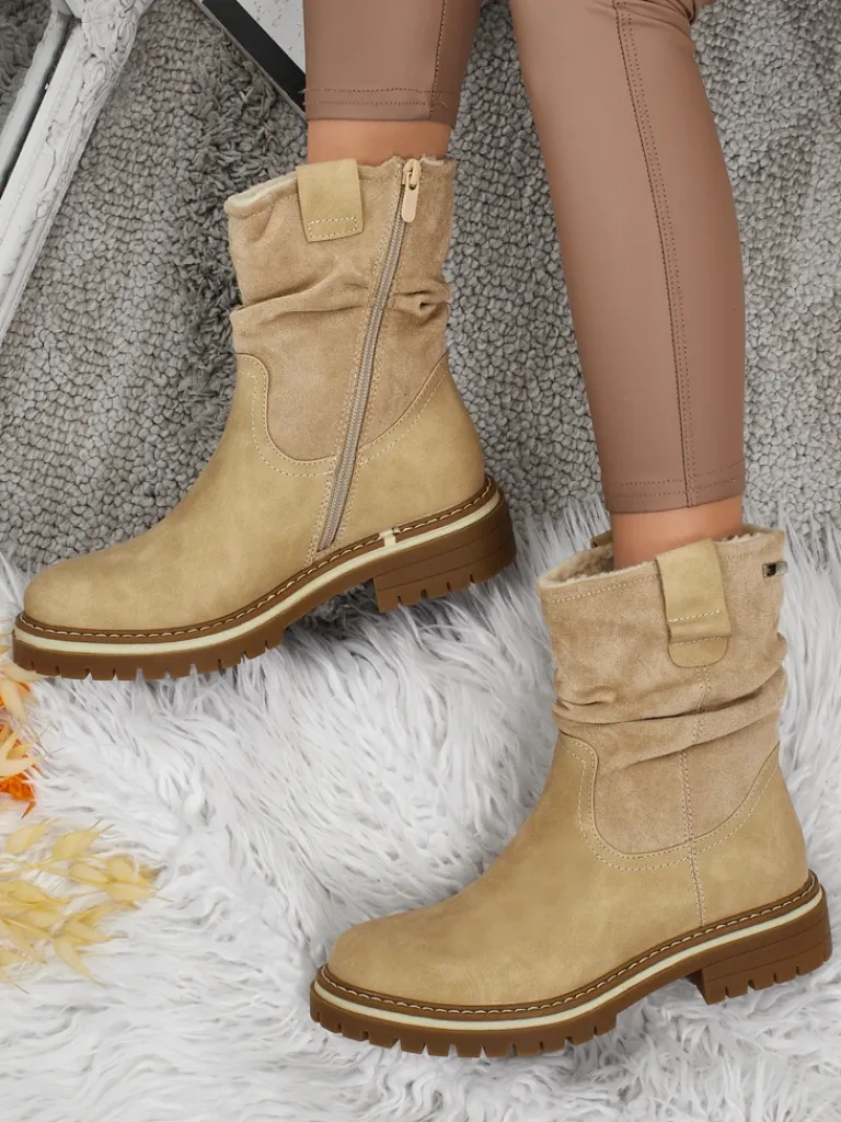 Wyższe botki damskie eko zamszowe Liora Botki Z Delikatnym Ociepleniem|Botki Na Płaskim Obcasie