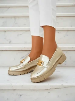 Clearance Złote Mokasyny Chloé Elegancki Styl Damski Półbuty|Mokasyny Na Płaskiej Podeszwie